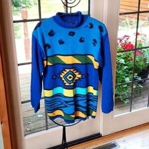 August Silk Knits Mock Neck Aztec Design Vibrant Colors Sz. M Sweater